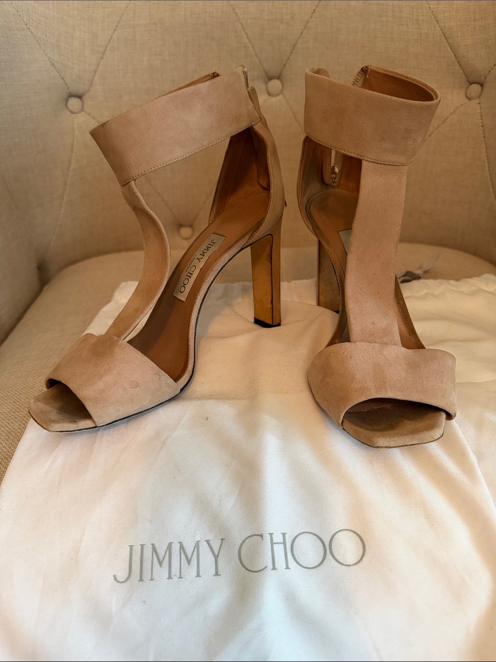 Jimmy Choo Taupe Suede Open-Toe Heels